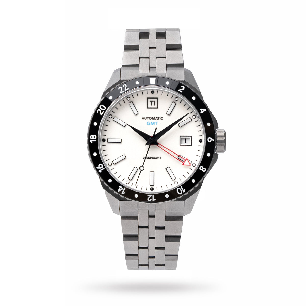 Big Idea Design LLC titanium GMT watch white dial black 24 hour bezel red GMT hand metal bracelet