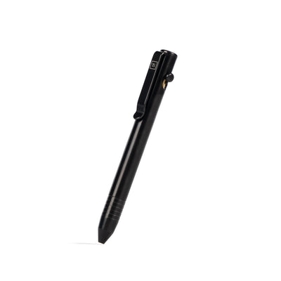 Black EDC bolt action pen by Big Idea Design LLC with sleek metal body and clip
