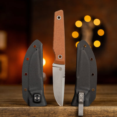 BIGiDESIGN-USA fixed blad knife with brown handle and black sheath on wooden surface
