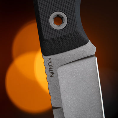 Close-up of BIGiDESIGN-USA fixed blad knife with textured handle and NITRO-V blade material
