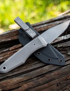 BIG IDEA DESIGN LLC titanium fixed blade knife with stonewashed finish kydex sheath and pocket clip
