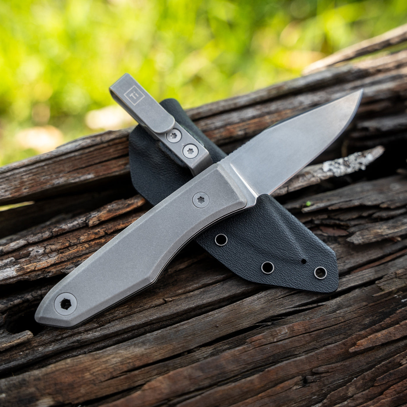 BIG IDEA DESIGN LLC titanium fixed blade knife with stonewashed finish kydex sheath and pocket clip