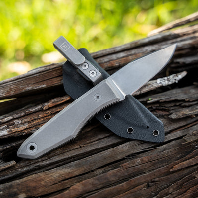BIG IDEA DESIGN LLC titanium fixed blade knife with stonewashed finish kydex sheath and pocket clip