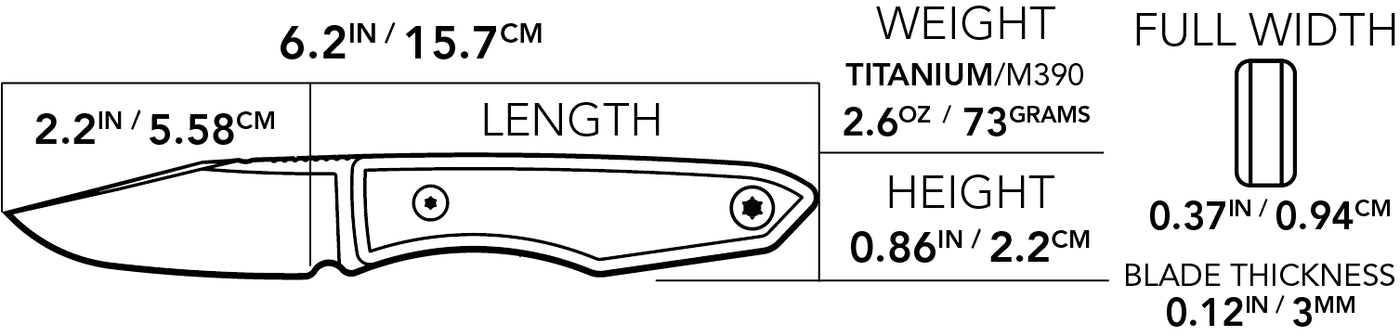 BIG IDEA DESIGN titanium fixed blade knife schematic with 6.2 inch overall length 2.2 inch blade 2.6 oz weight