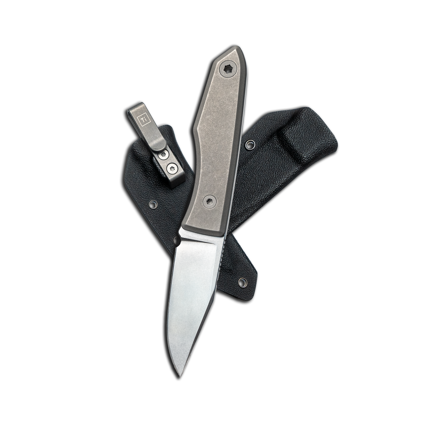 BIG IDEA DESIGN titanium fixed blade knife with stonewashed drop point blade titanium handle and Kydex sheath with pocket clip