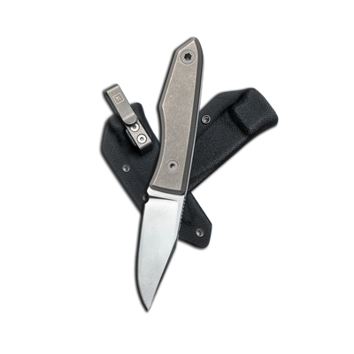 BIG IDEA DESIGN titanium fixed blade knife with stonewashed drop point blade titanium handle and Kydex sheath with pocket clip