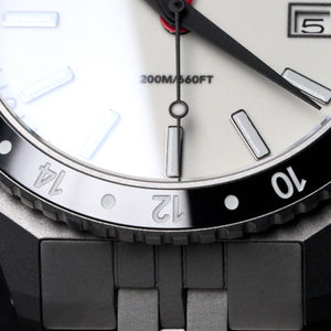 Big Idea Design LLC titanium GMT watch close up showing white dial black bezel 200M water resistance bracelet
