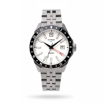 Big Idea Design LLC titanium GMT watch white dial black 24 hour bezel red GMT hand metal bracelet