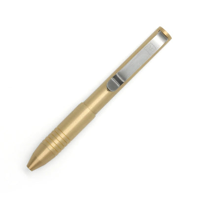 Brass tactical pen with stainless clip and grooved grip by BIG IDEA DESIGN LLC pens for everyday carry