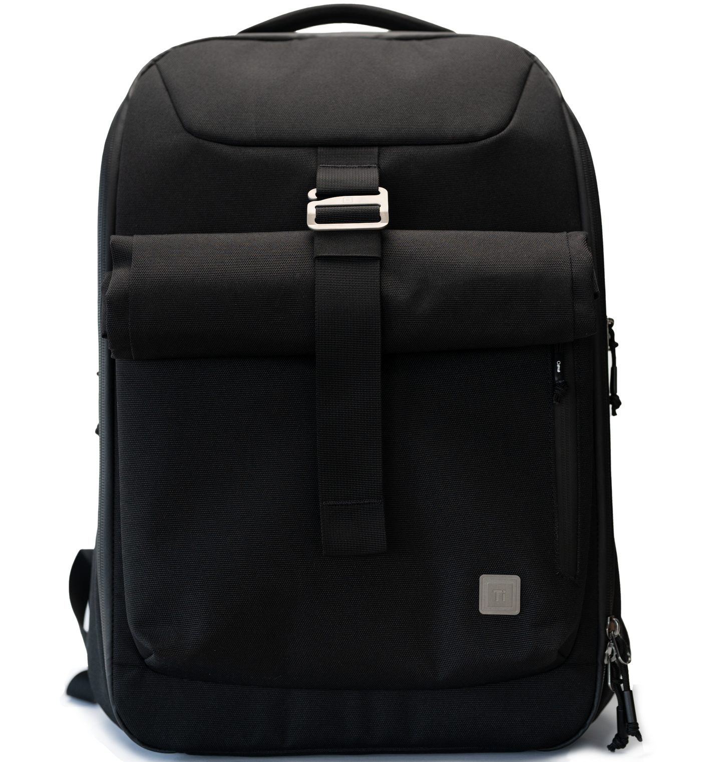 Black everyday carry backpack by Big Idea Design LLC with front buckle and zippered pocket