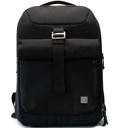Black everyday carry backpack by Big Idea Design LLC with front buckle and zippered pocket