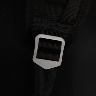 Close-up of black strap buckle on Big Idea Design LLC everyday carry backpack