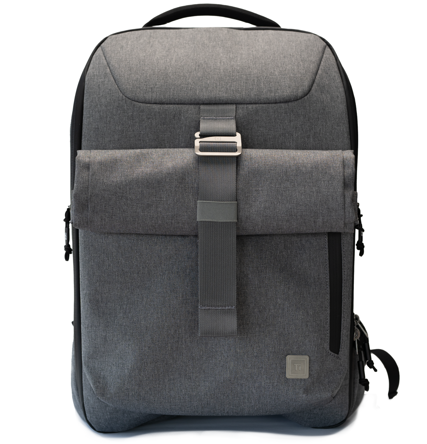 Gray everyday carry backpack by Big Idea Design LLC with roll-top closure and front zipper pocket