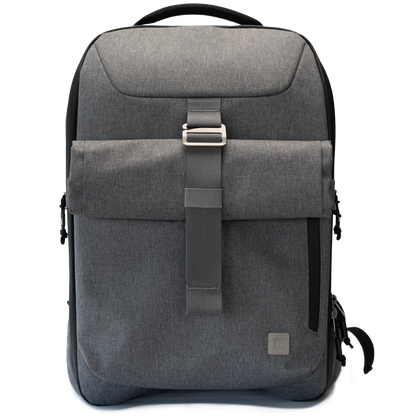 Gray everyday carry backpack by Big Idea Design LLC with roll-top closure and front zipper pocket
