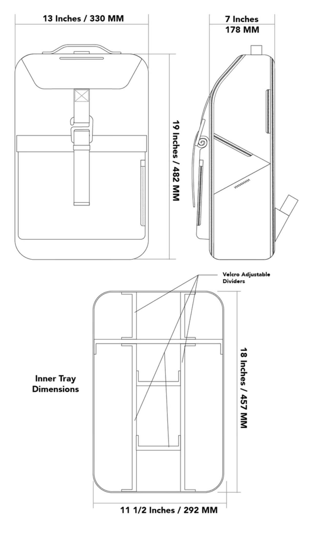 Technical diagram of Big Idea Design LLC everyday carry backpack with detailed dimensions and interior compartments