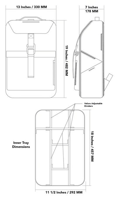 Technical diagram of Big Idea Design LLC everyday carry backpack with detailed dimensions and interior compartments