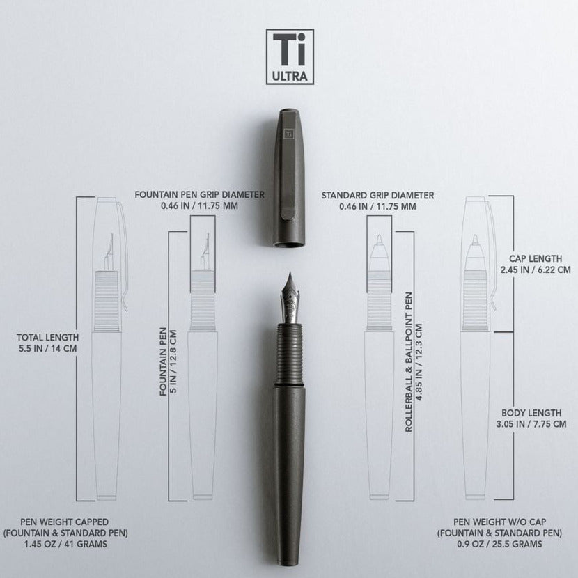 Big Idea Design LLC Titanium Fountain Pen with detailed measurements and components layout