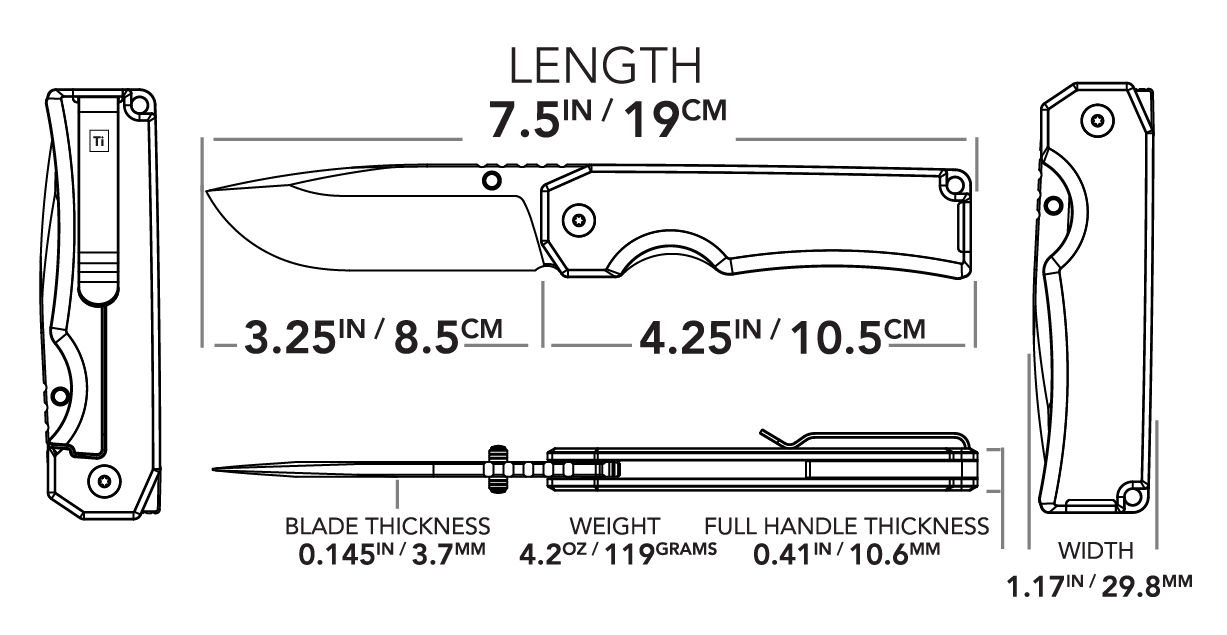 Dimensions and specifications diagram of titanium pocket knife measuring 7.5 inches in length and 1.17 inches in width