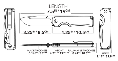 Dimensions and specifications diagram of titanium pocket knife measuring 7.5 inches in length and 1.17 inches in width