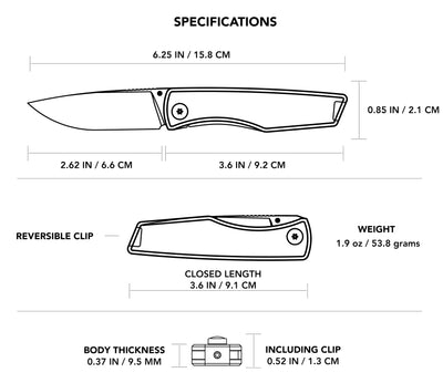 Technical drawing showing dimensions and specifications of titanium pocket knife with reversible clip