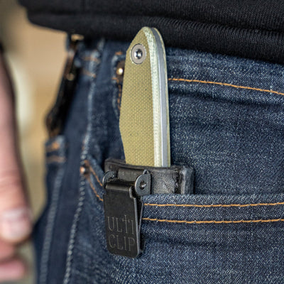 BIGiDESIGN-USA USA Lookout Fixed Blade knife clipped in blue jean pocket with black Ultra Clip sheath