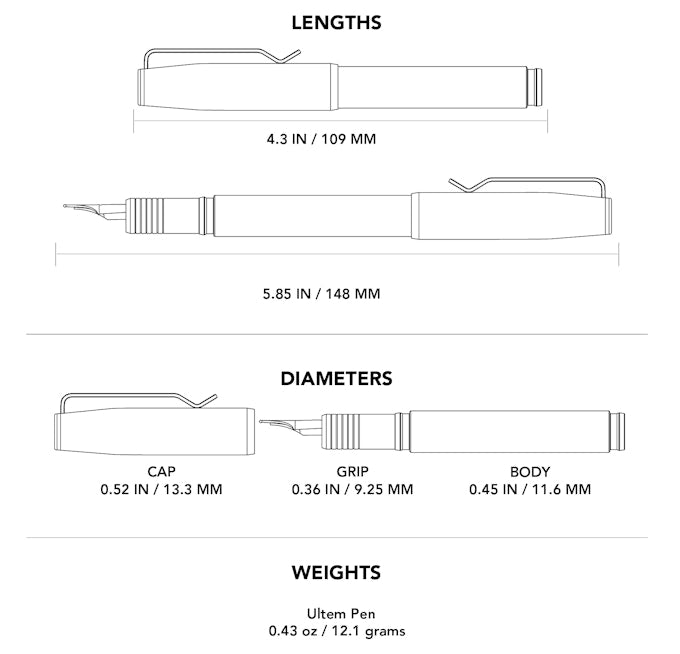 Technical diagram showing lengths, diameters, and weight of USA made EDC pen by BIGiDESIGN USA
