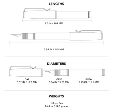 Technical diagram showing lengths, diameters, and weight of USA made EDC pen by BIGiDESIGN USA