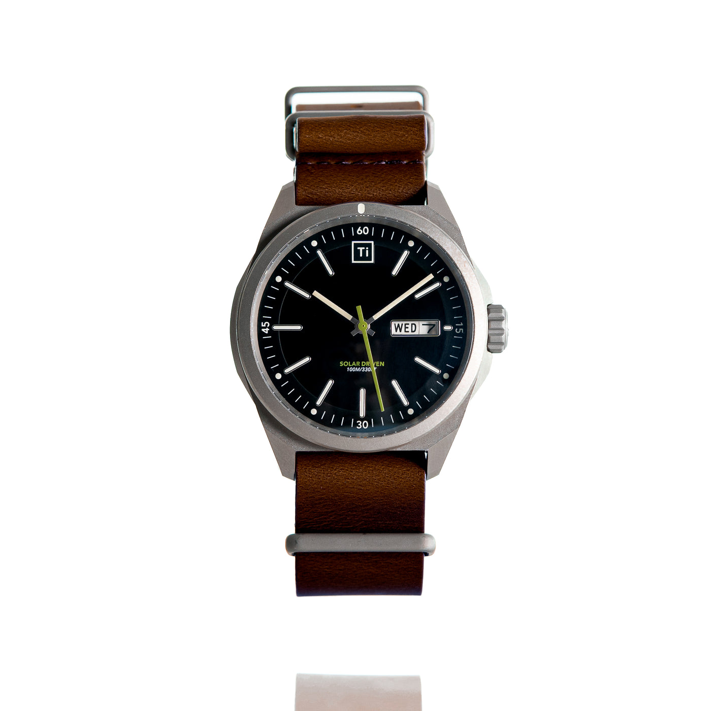 Big Idea Design LLC solar titanium field watch with black dial and brown leather strap