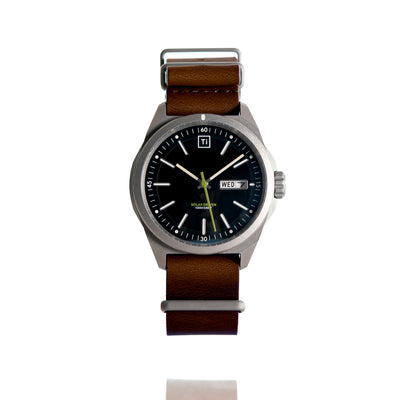 Big Idea Design LLC solar titanium field watch with black dial and brown leather strap