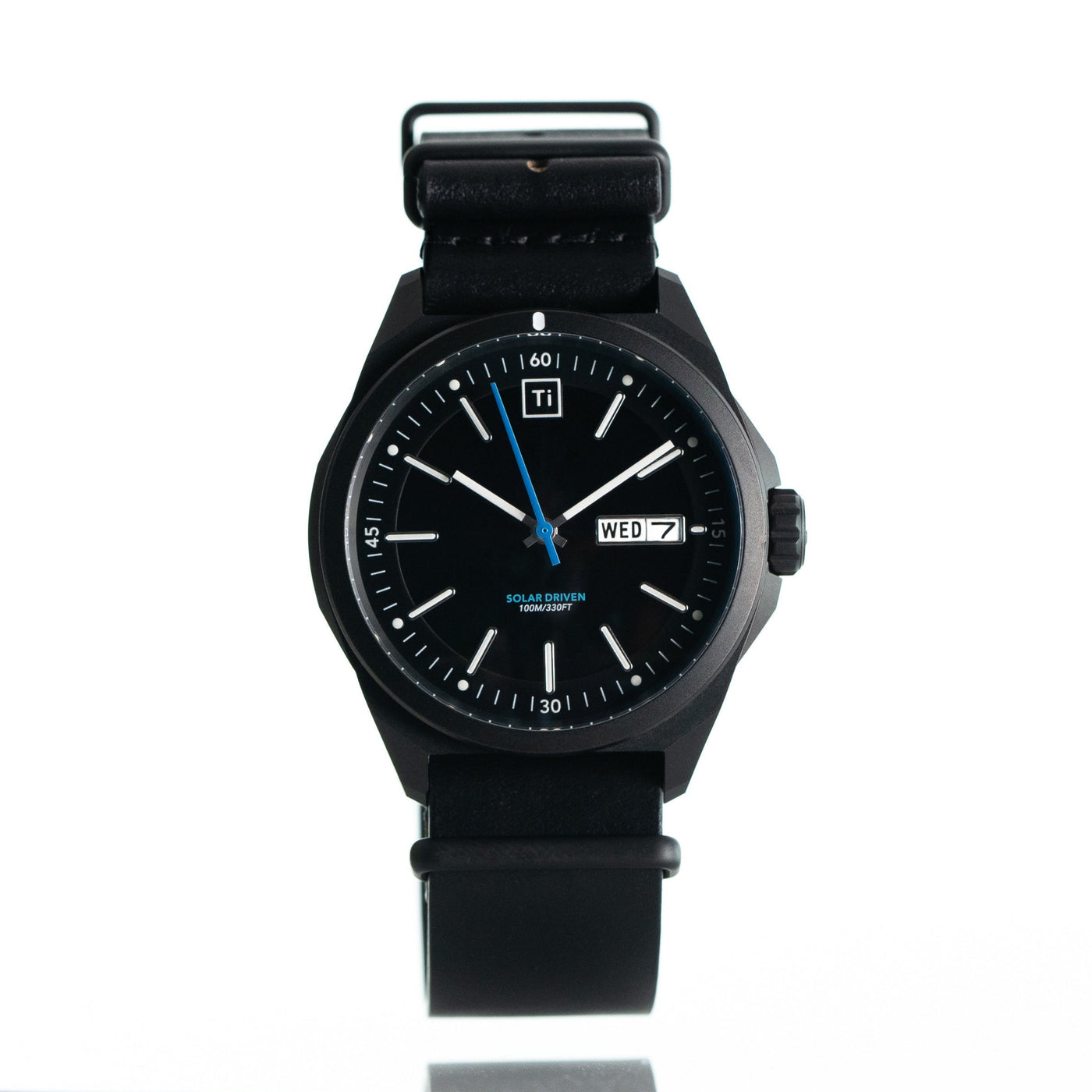 Big Idea Design LLC solar powered titanium watch with black dial and leather strap