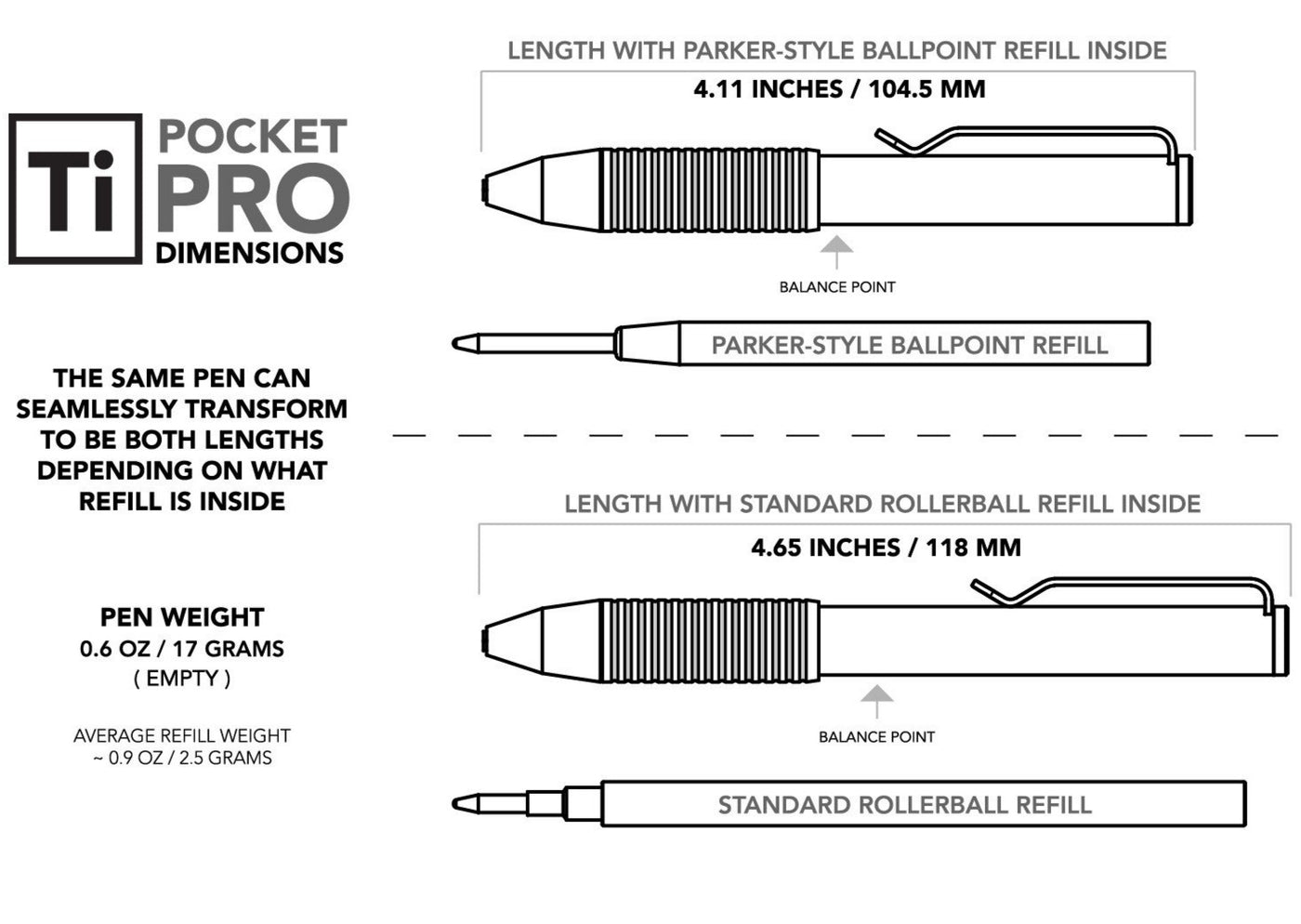 BIG IDEA DESIGN LLC Ti Pocket Pro pens dimension diagram showing Parker and rollerball refill lengths and weight