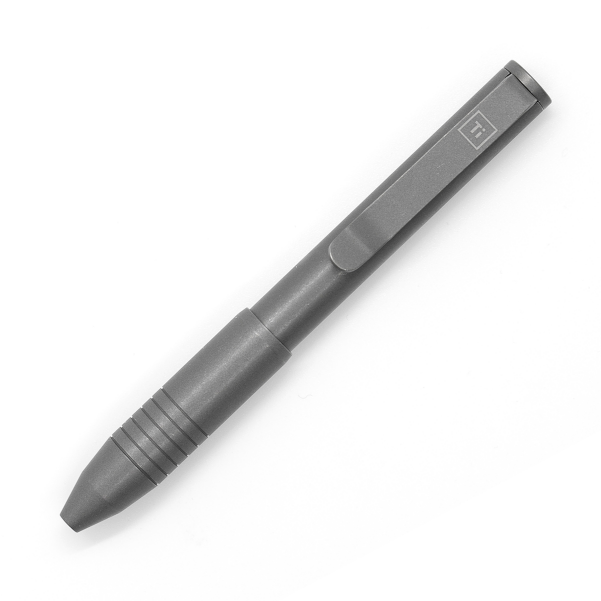 Gray titanium tactical pocket pen with clip and textured grip for everyday carry Pens by Big Idea Design