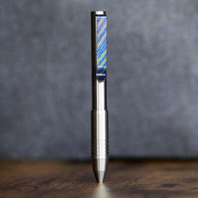 BIG IDEA DESIGN LLC Pens stainless steel pocket pen with blue and orange striped clip standing upright