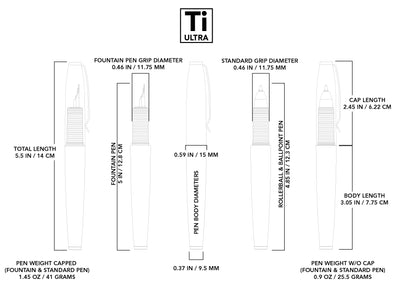 Big Idea Design LLC Titanium Fountain Pen detailed diagram with dimensions and weights