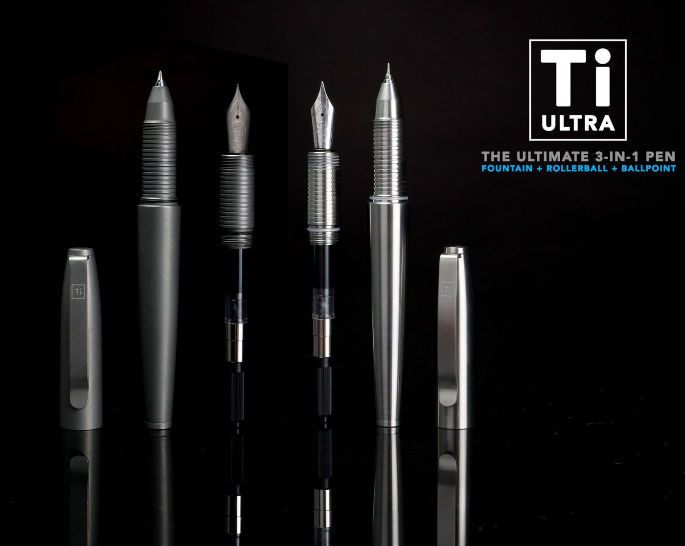 Titanium Fountain Pen by Big Idea Design LLC showing 3-in-1 fountain, rollerball, and ballpoint tips