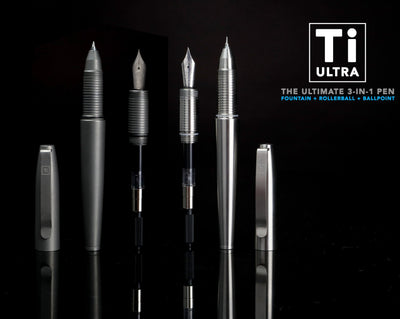 Titanium Fountain Pen by Big Idea Design LLC showing 3-in-1 fountain, rollerball, and ballpoint tips