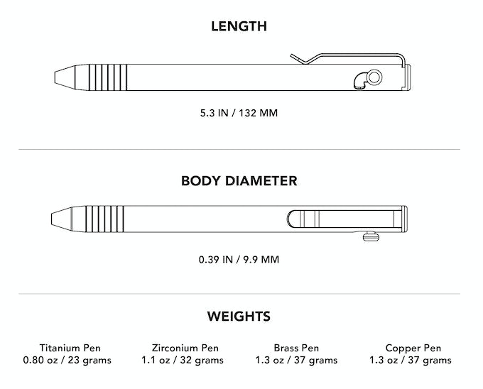 Technical drawing showing dimensions and weights of titanium bolt action pen and other metal pens