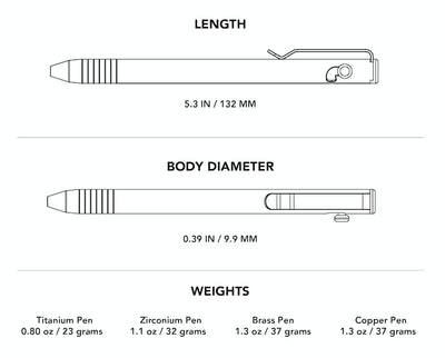 Technical drawing showing dimensions and weights of titanium bolt action pen and other metal pens