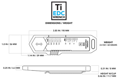 Technical diagram of titanium EDC wrench by BIG IDEA DESIGN LLC showing detailed dimensions and weight