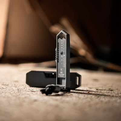 BIG IDEA DESIGN LLC titanium EDC wrench standing with compact carrying case on textured surface