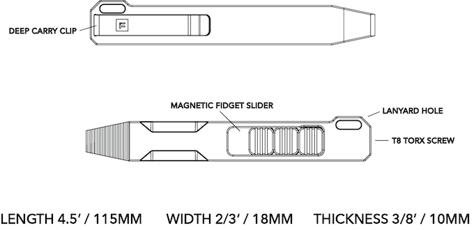 Big Idea Design LLC titanium pry bar tool with magnetic fidget slider and deep carry clip