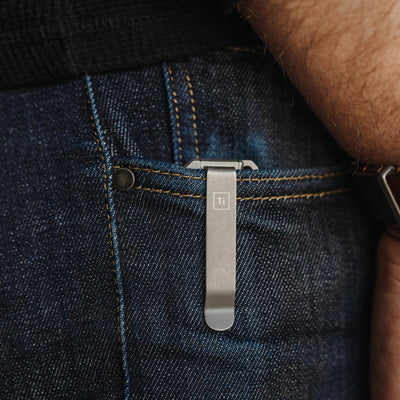 Big Idea Design LLC titanium utility knife clipped to denim jeans pocket for easy carry