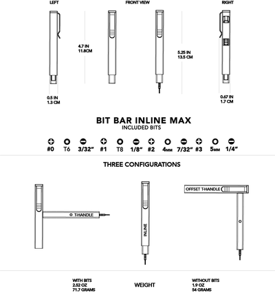 Big Idea Design LLC titanium screwdriver set technical drawing showing dimensions and bit configurations
